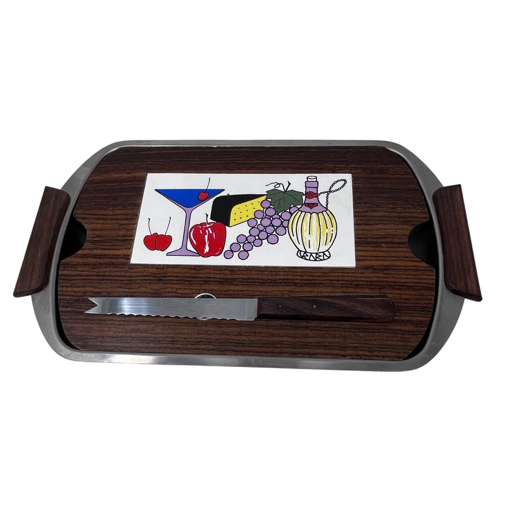 Vintage Mod Cheese Board Tray Set Wood Handles‎ Ceramic Tile MCM 60s 70s